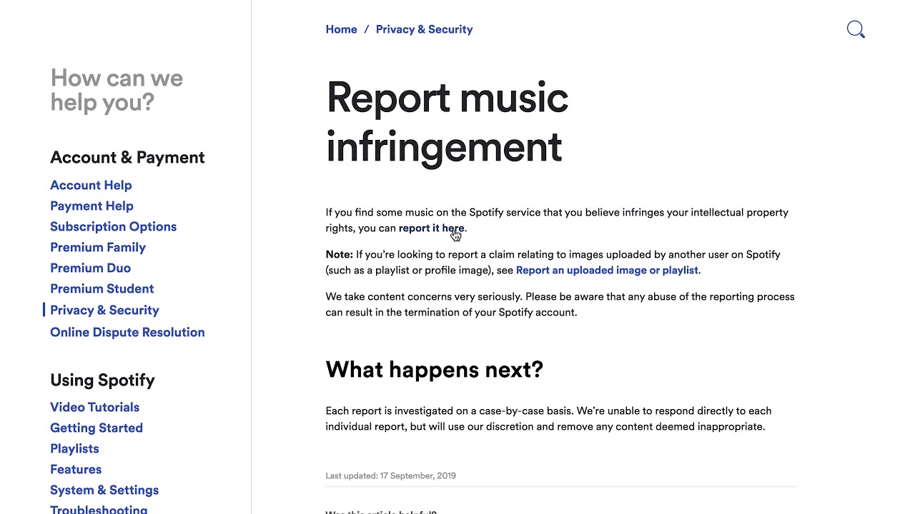 How to report music infringement on SPOTIFY?